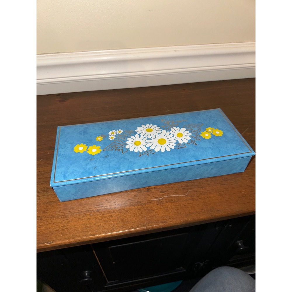 Vintage 70s Blue Daisy Floral Cardboard Storage Box Retro Stationery Case